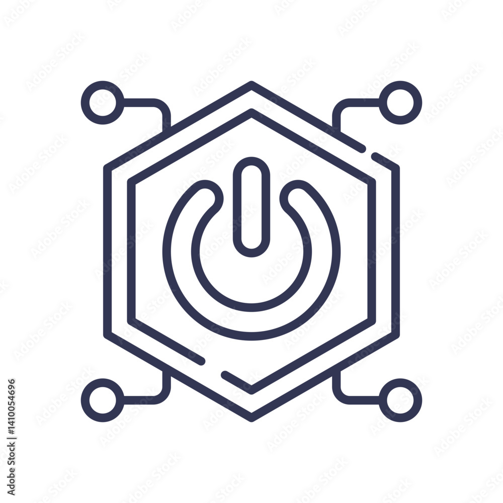 Poster hexagonal circuit with power symbol, representing technology and connectivity.