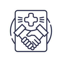 Handshake under medical cross symbolizes trust and agreement in healthcare.