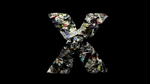 Letter X with cut up newspaper isolated on black loop
