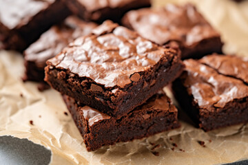Freshly baked homemade brownies stacked on parchment paper
