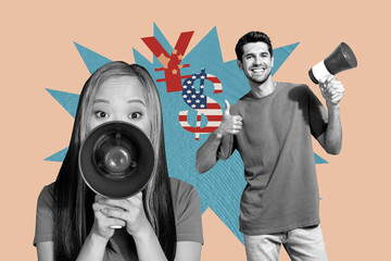 Trend composite sketch template 3D photo collage of young man thumb like lady hold megaphone...