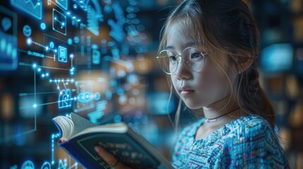 Child engrossed in futuristic reading