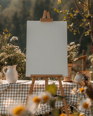 Farmhouse style rustic country welcome sign mockup, Brown gingham, golden hour blurred background, Poster easel