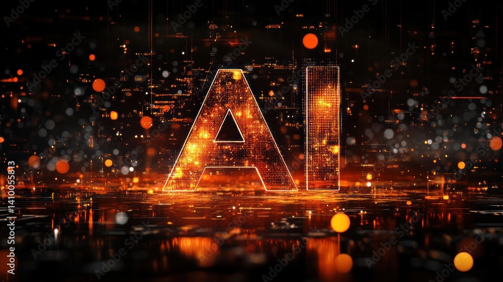 Poster stunning visual representation of artificial intelligence with glowing letters and dynamic lights, e
