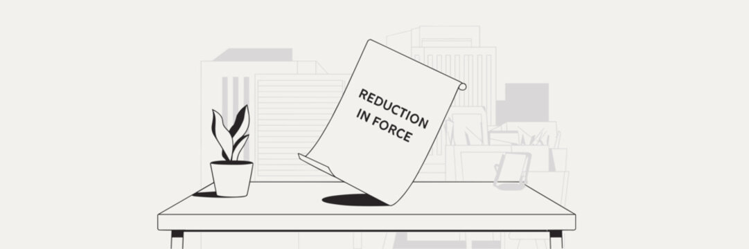 Minimalist line vector illustration of a pink slip on a neatly organized desk &ndash; Ideal for illustrating corporate layoffs, workforce reduction, or office terminations.