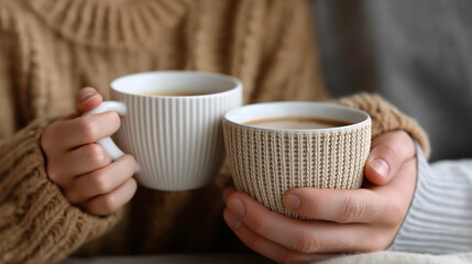 Close-Up of Man and Woman Clinking White Coffee Mugs in Cozy Café Setting. coffee mugs, couple clinking mugs, café moment, white mugs, cozy date, romantic coffee, coffee toast, man and woman, cafe vib
