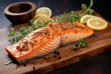 Cedar plank roasted salmon with herbs and lemon, grilled or smoked on a plank