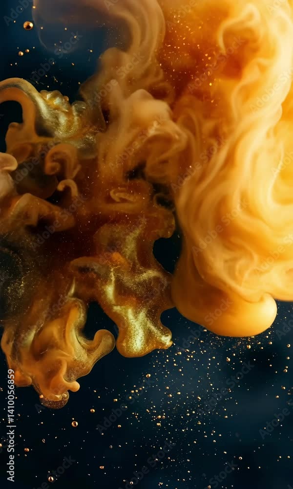 Poster a vibrant swirl of orange smoke and golden textures creating an abstract, dynamic visual on a dark b