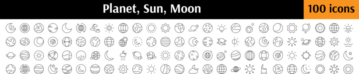 Cosmos Bundle of Related Line Icons. Planet, Sun, Moon Outline Signs for Graphic and Web Design, Apps, Adverts, Various Cards