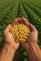 Farmer holding fresh soybeans amid soybean crop
