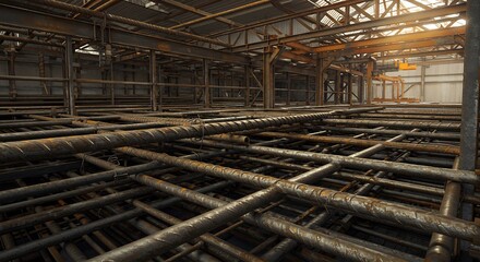 Fototapeta premium Rustic Metal Grid Structure Warm Light Industrial Setting. AI Generated