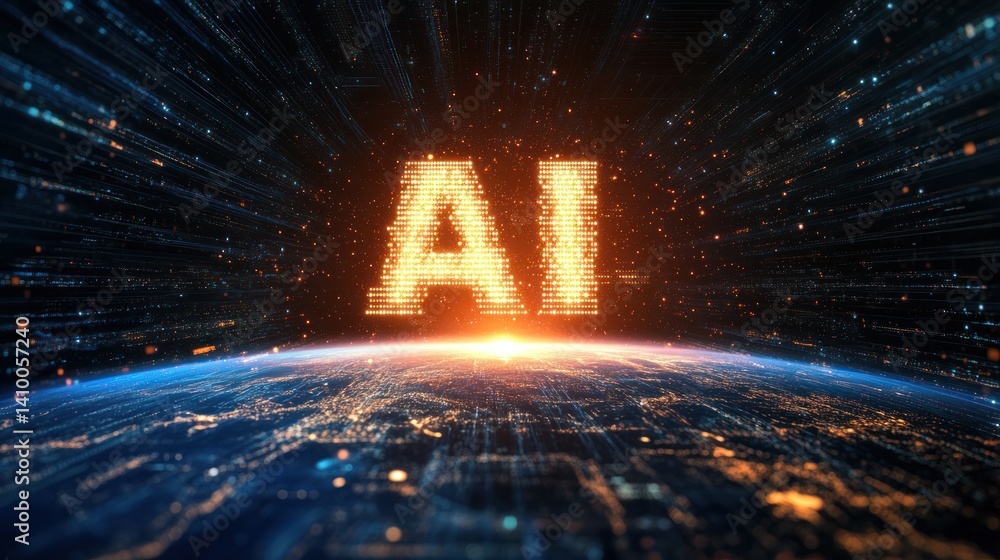 Poster visual representation of artificial intelligence with glowing ai letters emerging from a futuristic 