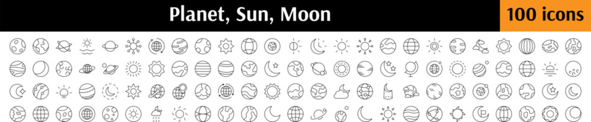 Cosmos Thin Line Icon Set. Planet, Sun, Moon Outline Signs for Graphic and Web Design, Apps, Adverts, Various Cards