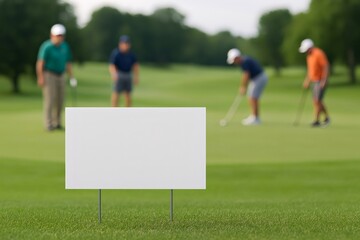 Golfers putting on a green with a blank white sign in the foreground