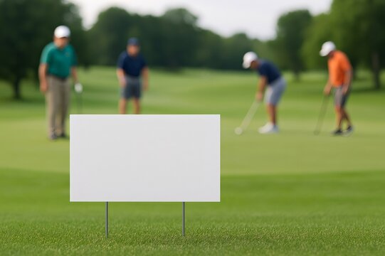 Golfers putting on a green with a blank white sign in the foreground