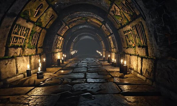 eerie video shows dark tunnel marked by cryptic symbols and candlelight where unseen presence seems to constantly observe