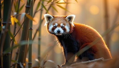 Adorable Red Panda in Bamboo Forest at Golden Hour Wildlife Photography