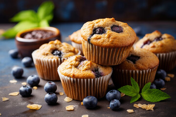 Blueberry muffins with banana and oats, vegan blueberry muffins on the table