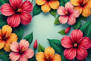 Bold tropical hibiscus blooms, vibrant seamless tile, textile, bright