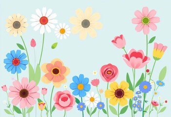 Cute cartoon flat vector flowers in blue, pink, yellow; daisies, tulips, cornflowers, roses, fantasy blooms, pink, botanical