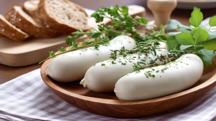 Appetizing soft cheese on wooden plate with thyme garnish and fresh bread slices for delicious treat