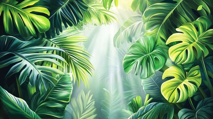 Lush Tropical Forest Canopy with Sunlight Streaming Through Green Leaves