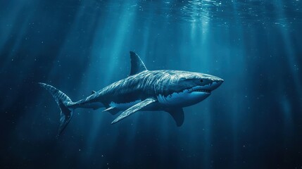 Fototapeta premium Sleek megalodon glides through deep ocean, embodying power and grace in its streamlined form. 