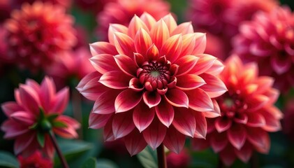Close-up dahlia flower heads, rich hues, repeating motif, closeup, texture