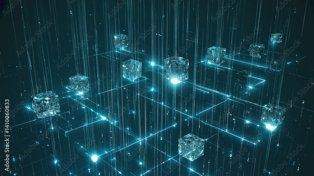 Poster illuminated ice cubes floating with electric lines in dark digital space