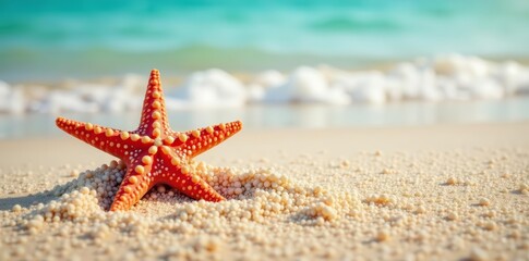 Empty sandy beach with vibrant starfish in pastel hues, summer, vintage, pastel