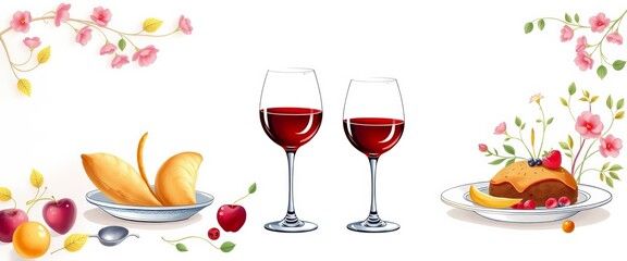 Elegant wine glass & food illustrations; templates for menus, posters, invitations , food,  cork