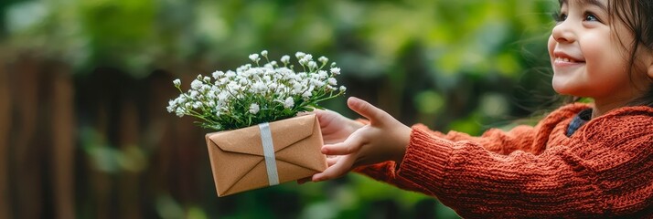 Little Girl Offering a Gift of Flowers in a Brown Envelope