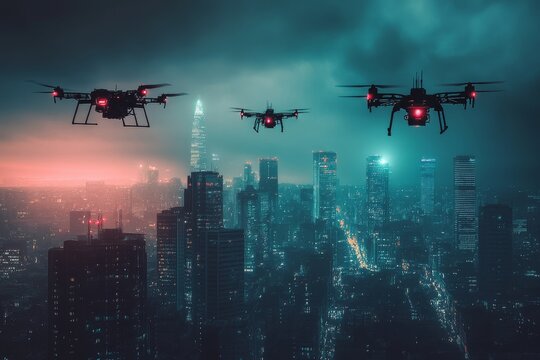 Futuristic cityscape with ai surveillance drones in night sky - advanced urban technology concept