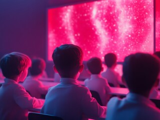 Futuristic classroom with children learning coding in innovative educational environment