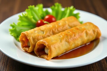 Crispy spring rolls, vibrant vegetables, white plate, vegetable, golden