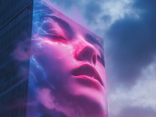 Futuristic digital art installation on urban skyscraper