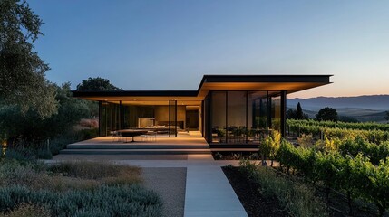 Fototapeta premium Modern Vineyard House Dusk Landscape.