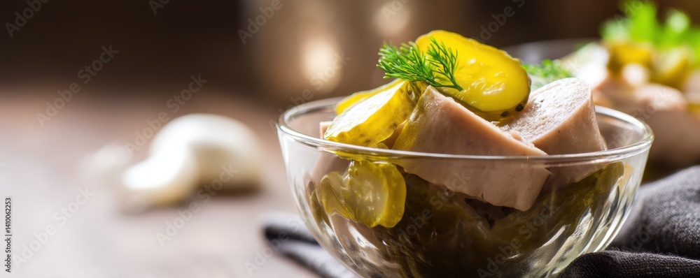Poster appetizing salad of sliced sausage with pickled cucumbers in a glass bowl on a table display