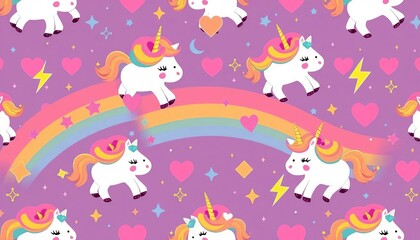 Cute unicorn, rainbow, diamond, heart & thunder seamless pattern on star background, child, kids