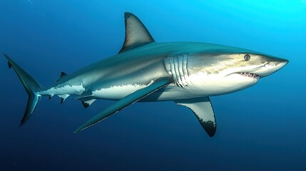 Naklejka premium Sleek megalodon glides through deep waters, contrasting with a bulky silhouette in the background, embodying elegance and power. 