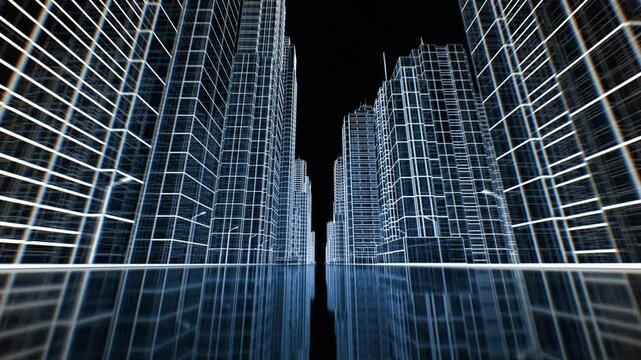Moving Through the Abstract Digital City Wire Mesh Style. Buildings Grid Lines Blueprint Illustration Black Background. Flying Along Futuristic Street Wireframe 3d Animation Technology Concept 4k.