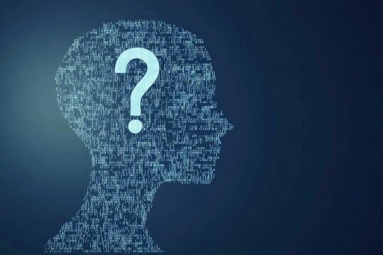 Digital code human head silhouette with question mark for technology and ai concepts