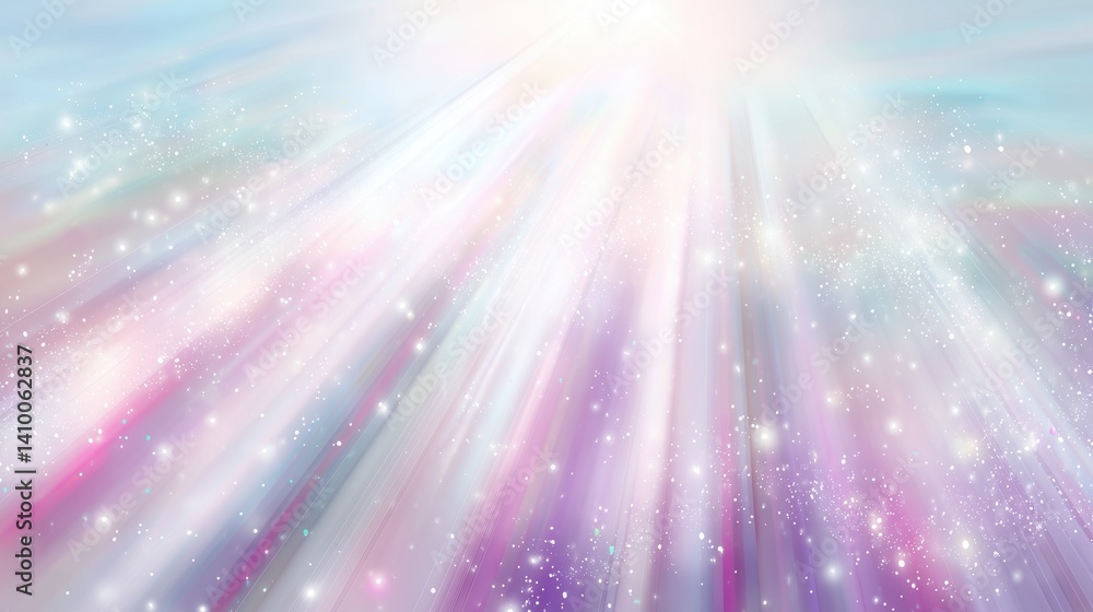Poster abstract pastel light background with glowing sun rays, bokeh effects and shiny stars on soft blue s