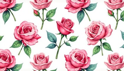 Delicate watercolor rose buds and leaves, repeating pattern , spring, graphic, floral