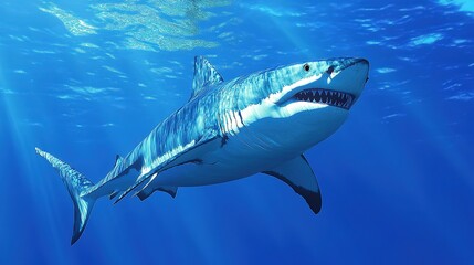 Naklejka premium Sleek megalodon glides through deep waters, contrasting with a bulky silhouette in the background, embodying elegance and power. 