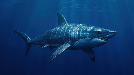 Fototapeta premium Sleek megalodon glides through deep waters, contrasting with a bulky silhouette in the background, embodying elegance and power. 