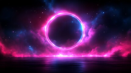 Neon Circle Above Pink Cosmic Cloudscape