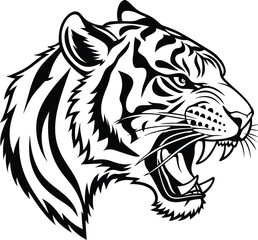 Black and White Roaring Tiger Head Vector Illustration