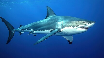 Naklejka premium Sleek megalodon glides through deep waters, contrasting with a bulky silhouette in the background, embodying elegance and power. 