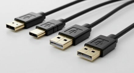 A close up shot of four black usb cables with different connectors on a white surface in a studio setting